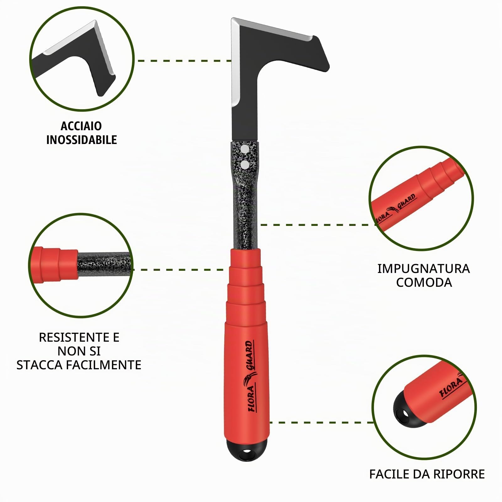 FLORA GUARD Estirpatore Erbacce Manuale, sarchiatore da Giardino per Rimuovere Muschio ed Erbacce, 32,5 cm, con Manico