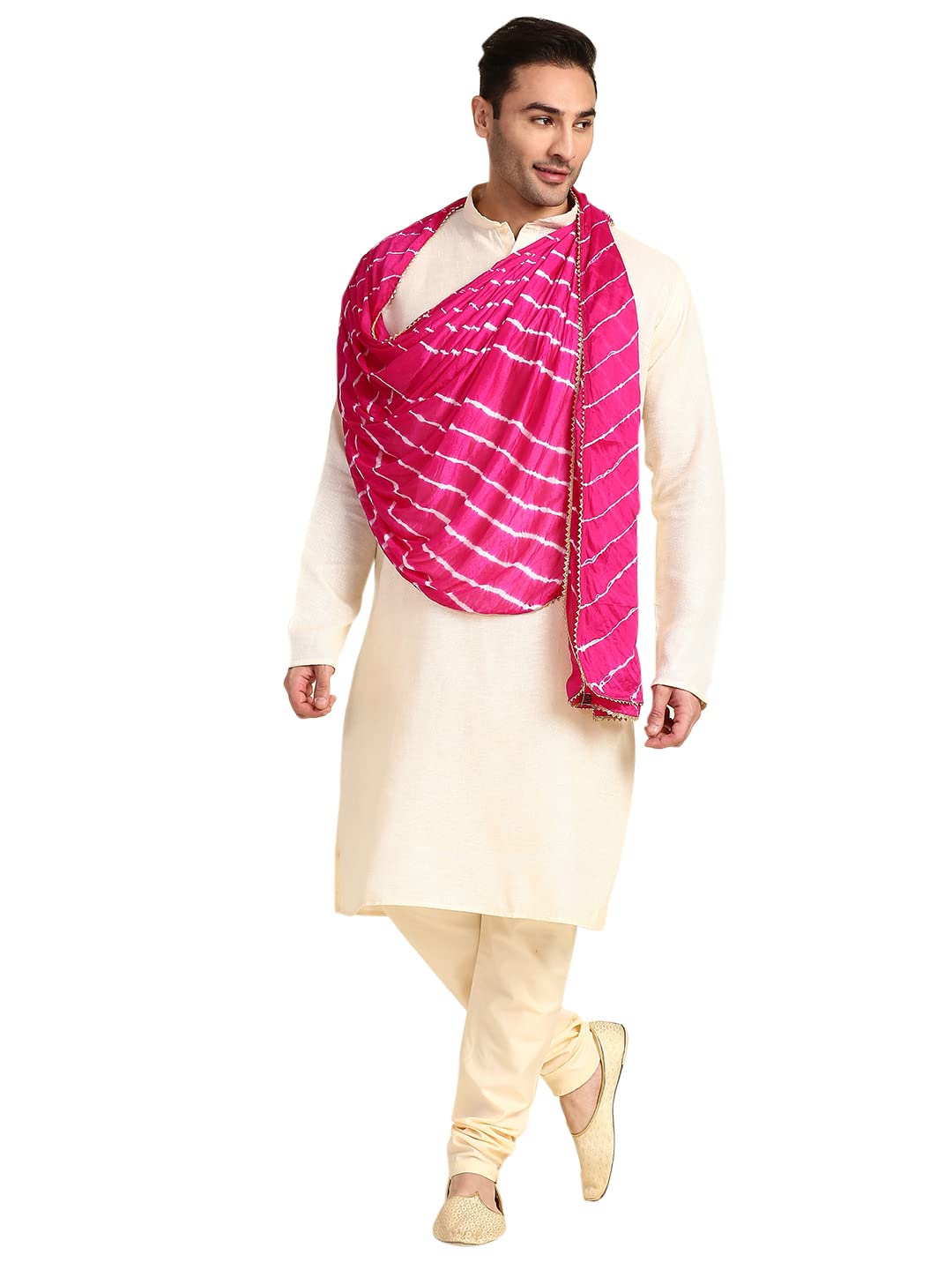 DUPATTA BAZAAR Men's Leharia Dupatta For Kurta/Sherwani/Achkan Free Pink