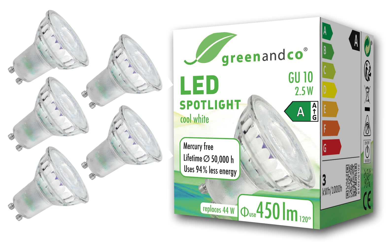 greenandco 5 x LED spotlights, GU10, 2.5 W, 450 lm, 6500 K, cold white, 100°, 230 V, flicker-free, energy efficiency class A, not dimmable