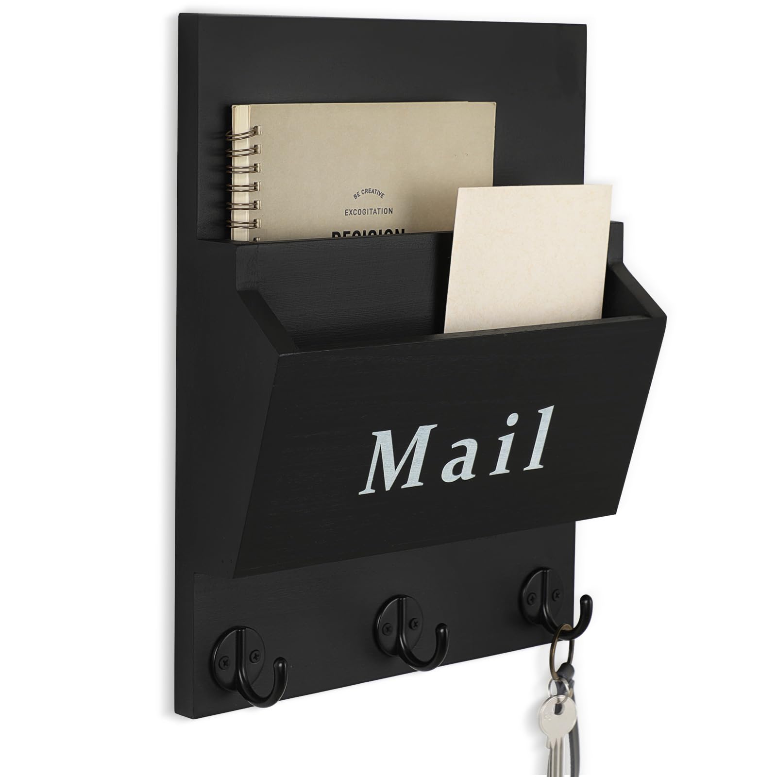 Lucundm Mail and Key Holder - Decorative 9.8" x 12.5" Wall Key Hanger with 2 Mail Organizer Slots and 3 Hooks - Real Paulownia Wood with Keyhole
