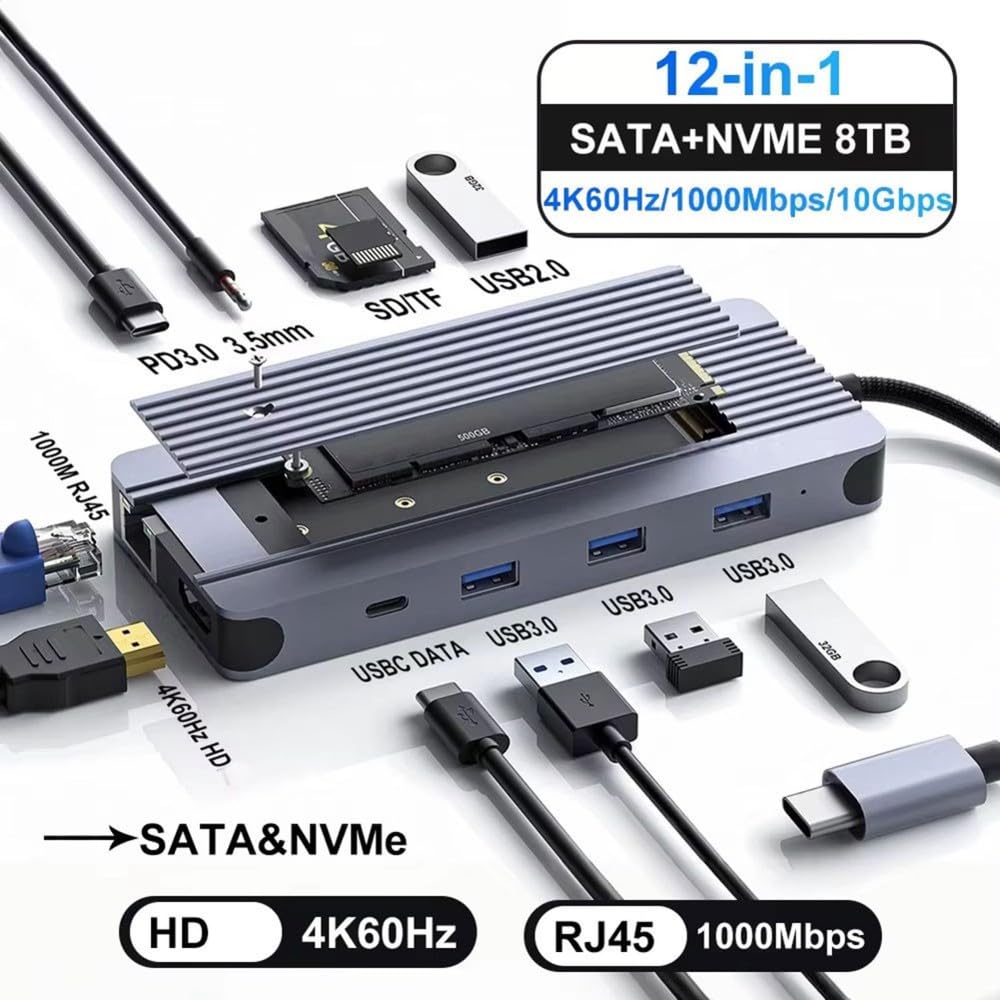 12 w 1 M.2 SSD USB C HUB 12 w 1 SSD USB C HUB stacja dokująca 4K 60Hz/RJ45 1000 Mbps/PD100W/USB3.0 5 Gb/s typ C Hub do laptopa PC