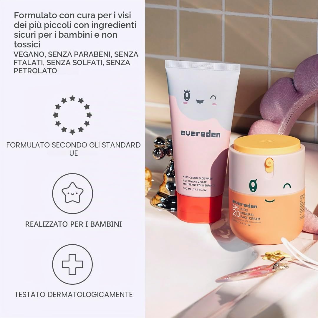 Kids Happy Morning DUO: set per la cura della pelle pulita e vegana per bambini, detergente viso a nuvola per la cura della pelle + crema viso minerale SPF 20, atossica, non comedogenica, divertente