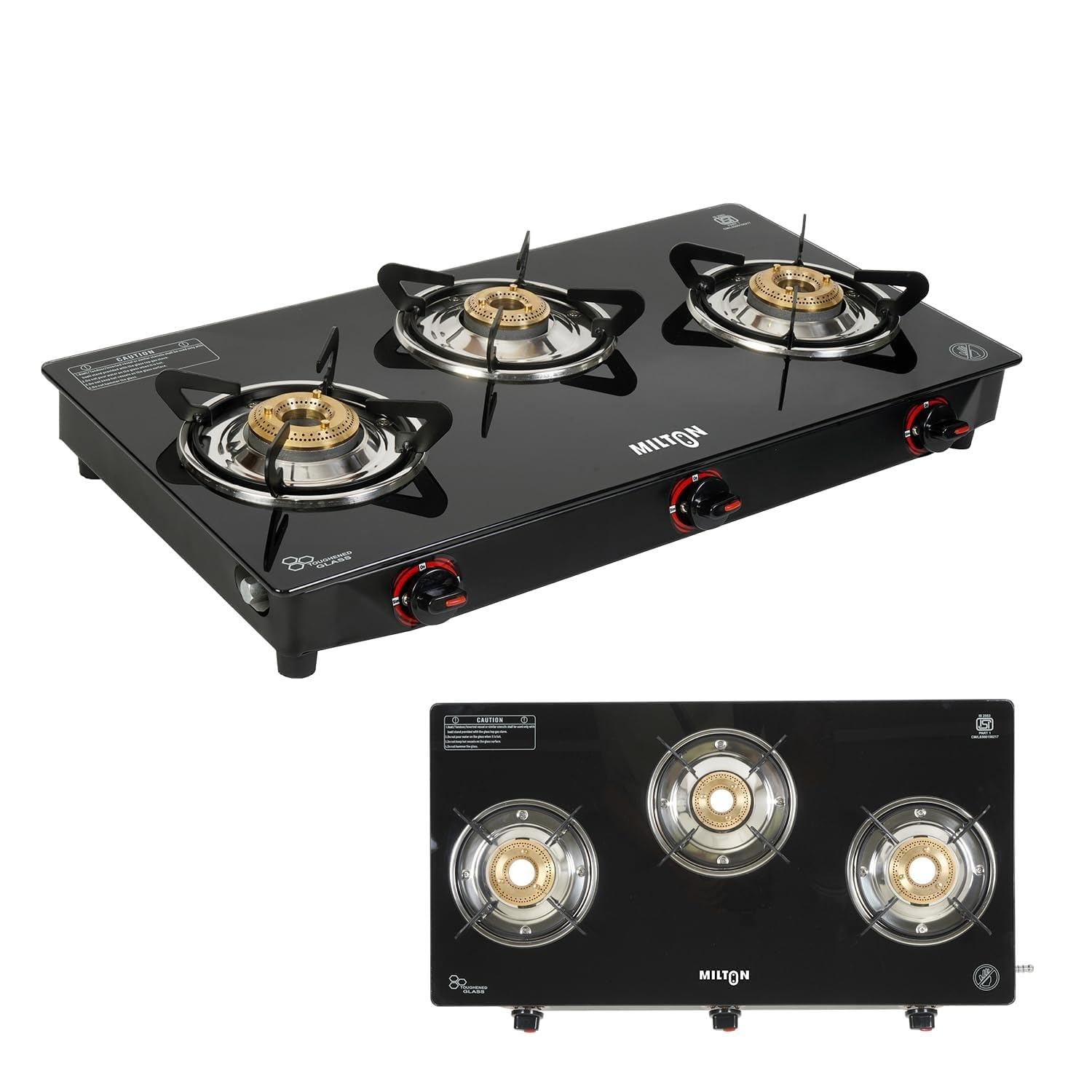MILTON Premium 3 Burner Black Manual Ignition Glass Top Gas Stove, (ISI Certified)