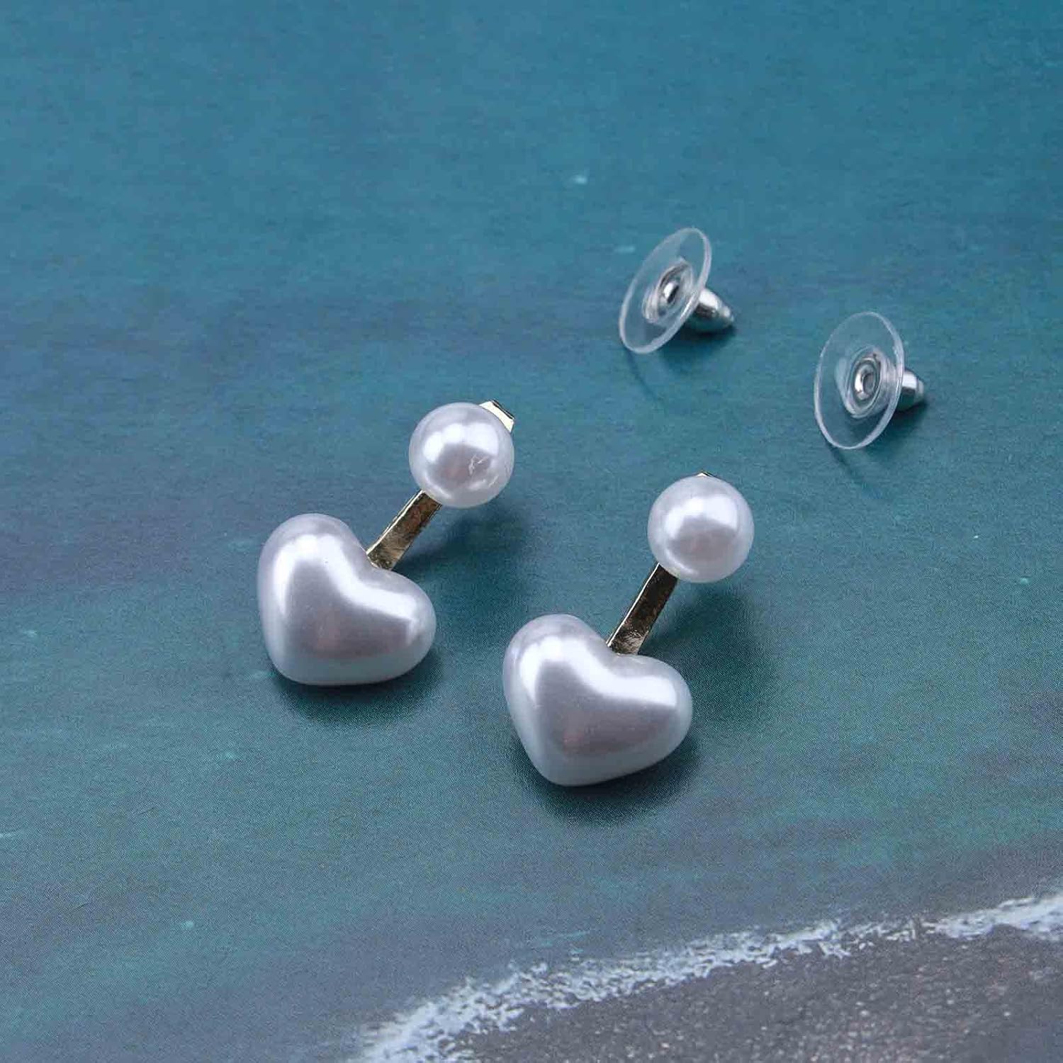 Boho Pearl Heart Ear Jacket Earrings Gold Pearl Studs Earrings Love Heart Earrings Double Sided Front Back Earrings Jewelry for Women - Image 5