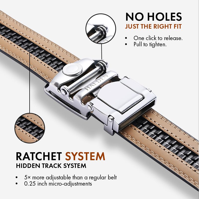 Image of HALDEN THEO Brown Belt For Men Leather Original (Adjustable Fits Up to 44 Inch Waist) Ratchet Strap with Classic Buckle & Magnetic Auto-lock