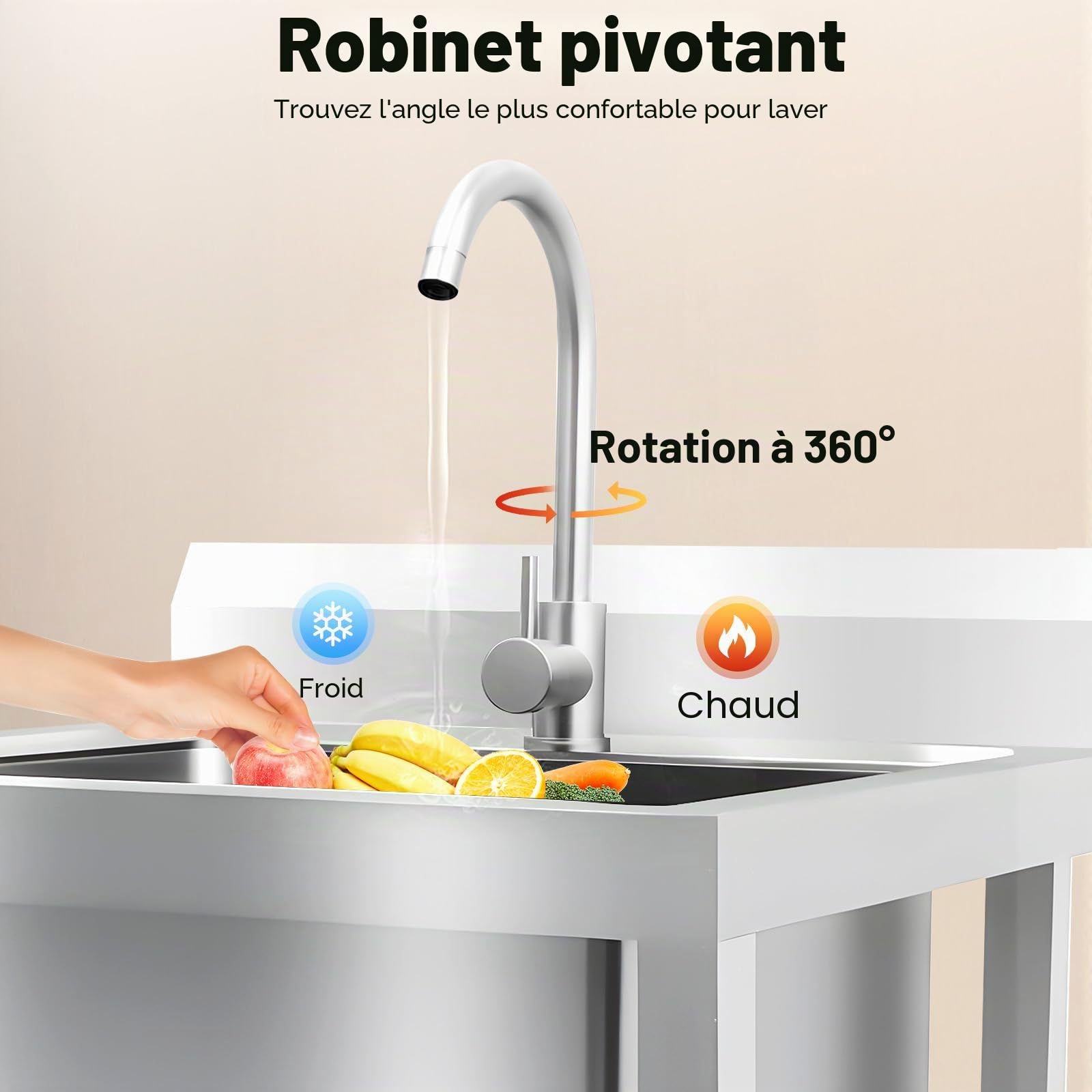 Évier en acier inoxydable, évier de cuisine, 1 bassin, évier mobile, éviers de cuisine autonomes, lavabo à main, pour bars, restaurants, cuisines, buanderies