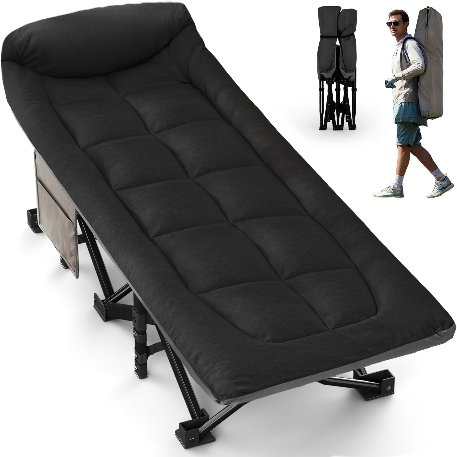 OVERMONT Lettino da Campeggio Brandina Pieghevole - Letto Portatile XL Caricabile Fino 250 kg - Letto Singolo Antiscivolo con Cuscino Borsa di Stoccaggio Borsa Trasporto per Camper Tende Viaggi Nero