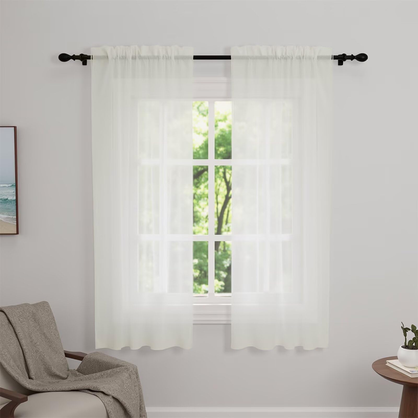 Zdada Net Curtains for Windows 54 Drop, Cream Slot Top Voile Curtains, Semi Transparent Sheer Curtain Net Curtain Panel for Living Room Kitcken W60xL54 Inch,2 Panels
