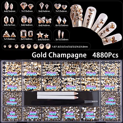 4880Pcs Gold Champagne Nail Crystals Rhinestones, Gold Nail Rhinestones Kit, Multi Shapes Size Round Gems Flatback Nail Crystals Gems Stones, Rhinestones For Nail Art Diy Accessories Crafts #TOP1