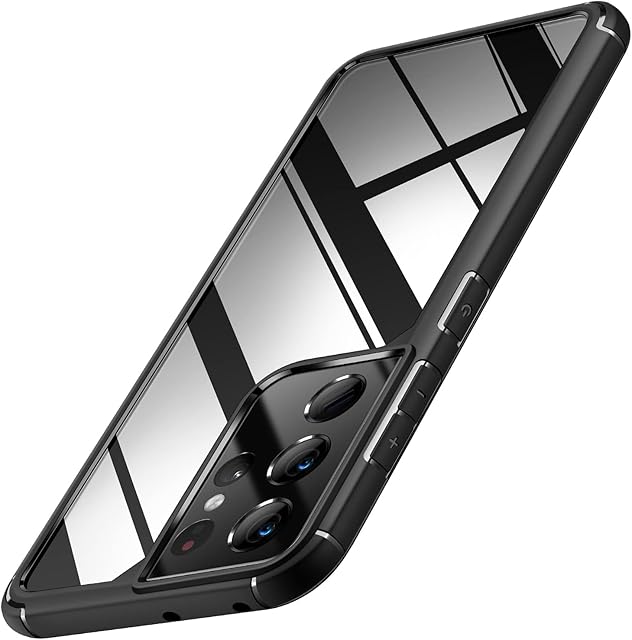 TENDLIN Crystal Clear Case Compatible with Samsung Galaxy S21 Ultra [Non-Yellowing] PC Hard Back and Soft Silicone Bumper Protective Phone Case Slim Transparent Cover (Black)