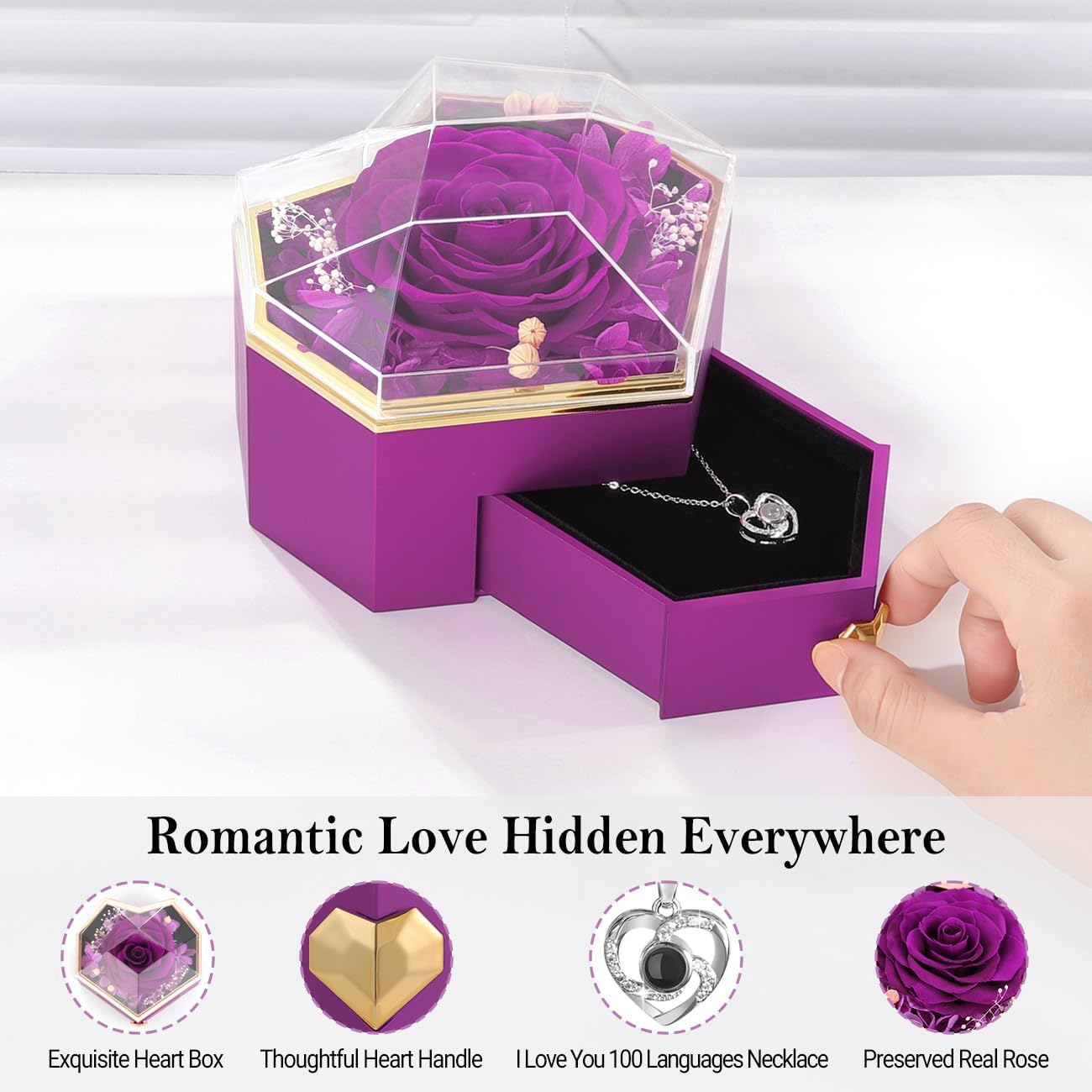 Emibele Preserved Real Purple Rose Heart Shaped Box with I Love You Necklace100 Languages and Heart Shaped Jewelry Tray Dish, for Mom Women Wife