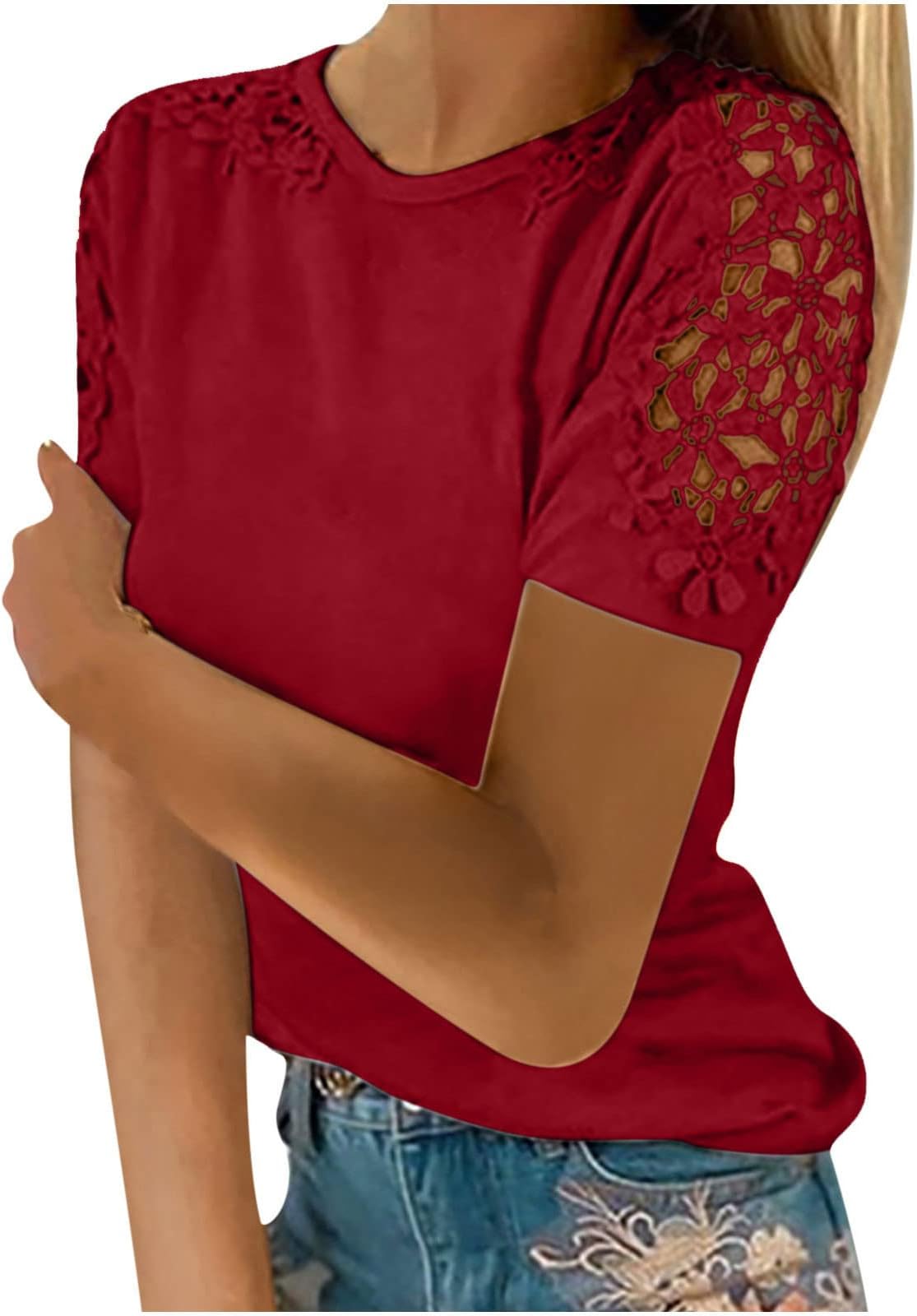Womens Summer Casual Cold Shoulder T Shirts Elegant Lace Crochet Hollow Out Short Sleeve Tops Solid/Colorblock Loose Blouse