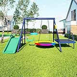 Portique Balancoire Exterieur Enfant 4 en 1, Set Balançoire avec Toboggan & Trampoline, Aire de Jeux Jardin Balançoire Nid, Acier Certifié EN71 335x198x183cm