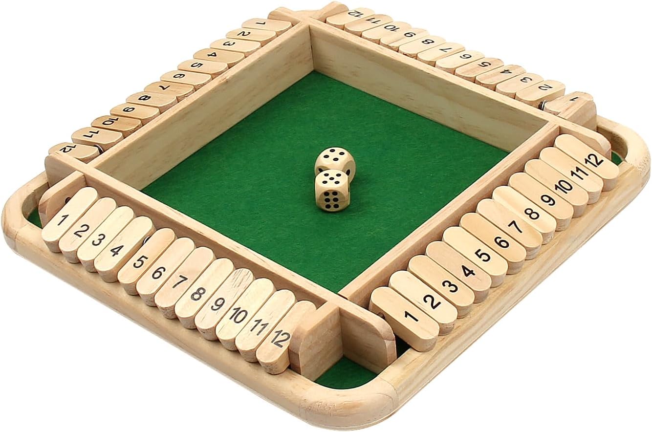 Shut The Box Game, Wooden 2-4 Player Dice Game with 12 Numbers, Tabletop Game with Rounded Corners, for Adults and Kids, Classic Tabletop Dice Game