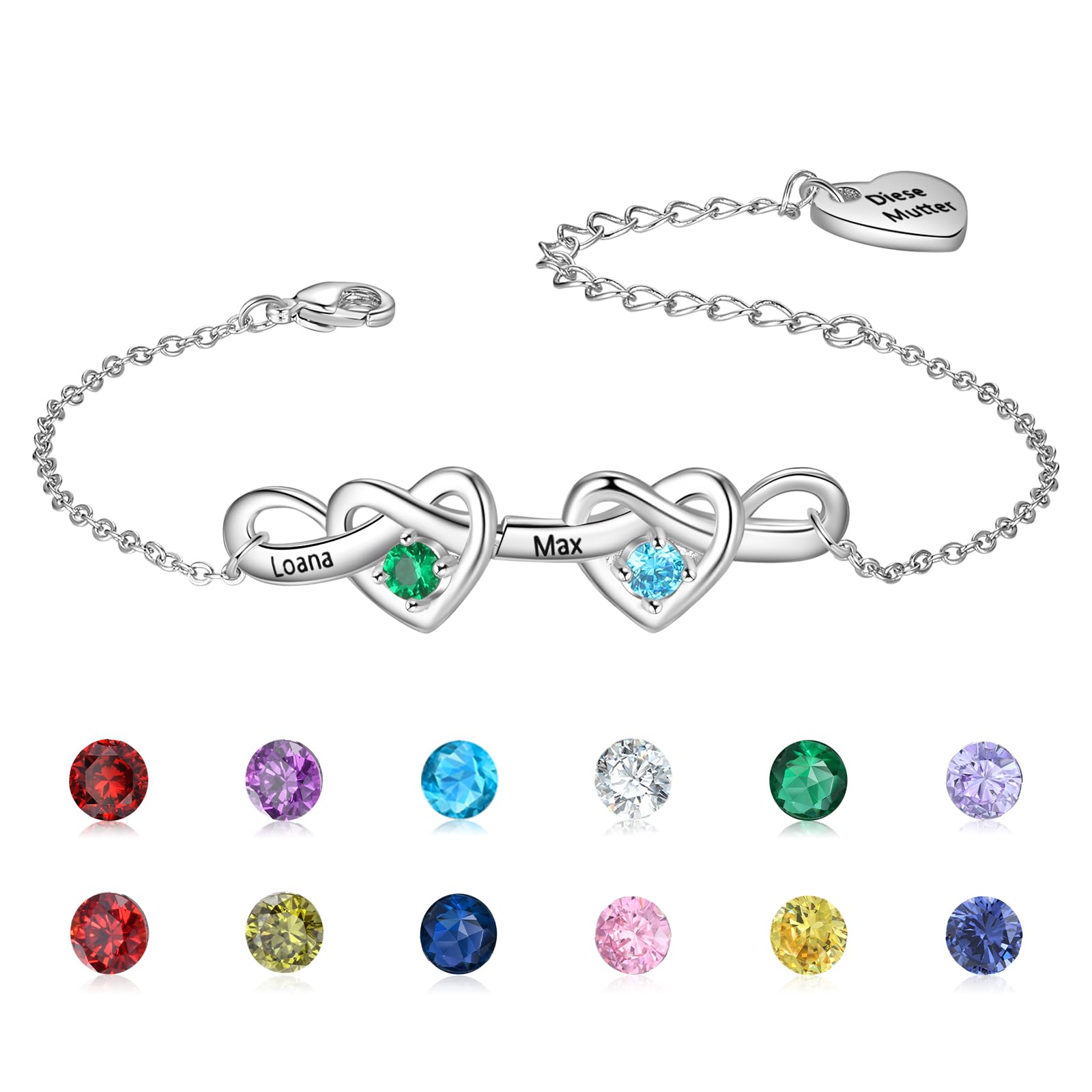 Fortheday Personalized Mother Bracelets with Birthstones Custom Engraved Name Birthstone Bracelets for Mom Women Customized Bracelet Gifts for Christmas Mothes Day Birthday