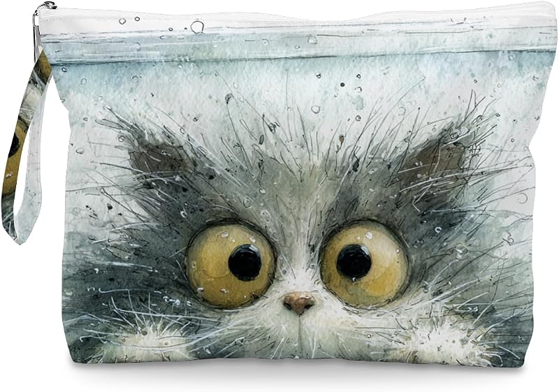 Necessaire impermeável Fokongna com estampa Gato Fofo em Aquarela Cinza, zíper e alça