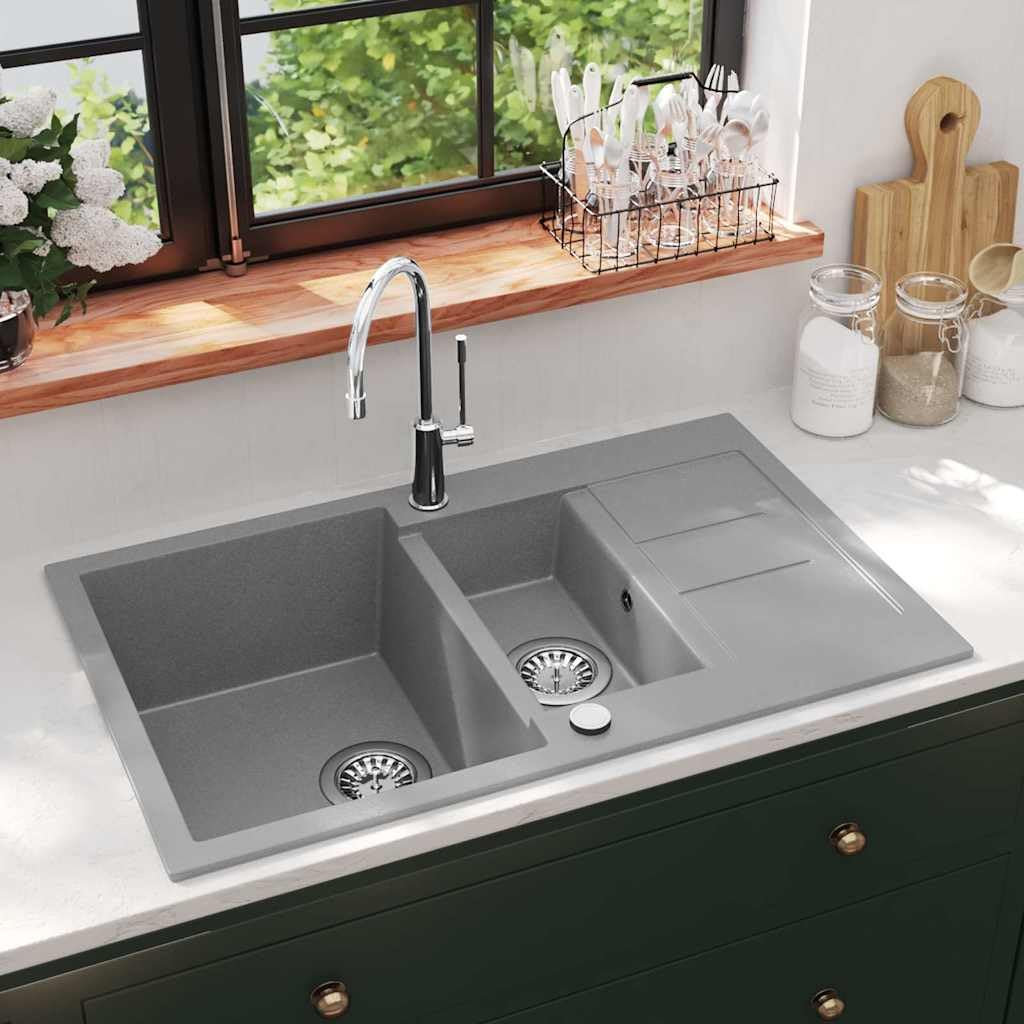 Tools,Granit Évier de cuisine double vasque Gris