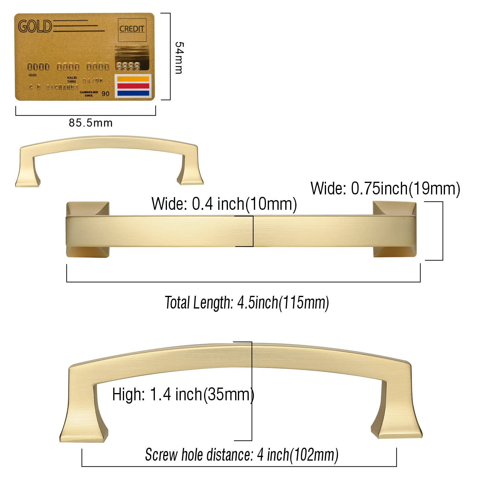 Amerdeco 10 Pack Brushed Gold Cabinet Pulls 4 Inch(102MM) Hole Center Gold Drawer Pulls Cabinet Hardware Kitchen Cabinet Handles for Bathroom Dresser Pulls ZH0009