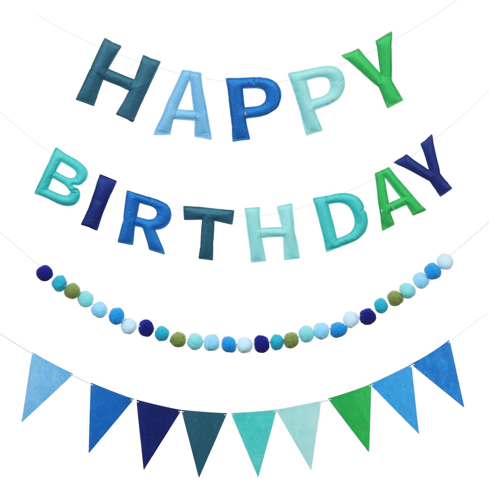 Tanice 3D Felt Happy Birthday Banner Kit - No Assembly Needed, Reusable Birthday Decorations for Party, Includes Garland & Triangle Banner for Wall, Fireplace, Outdoor (3pcs Blue)
