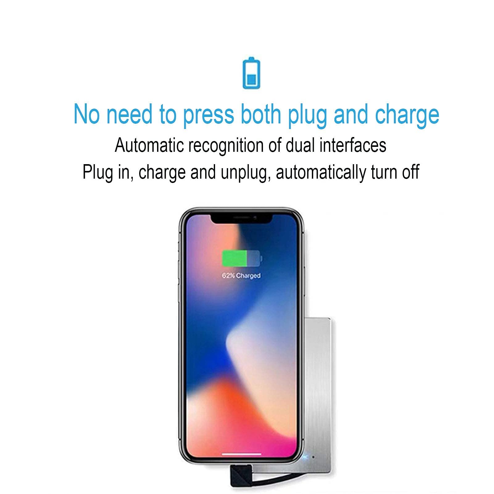 Powerbank Powerbank Ultracienka przenośna ładowarka do telefonu Wbudowany kabel Bateria zapasowa 2 wyjścia z 4 wskaźnikami LED do smartfonów, tabletów i urządzeń elektronicznych USB, czarny, typ C