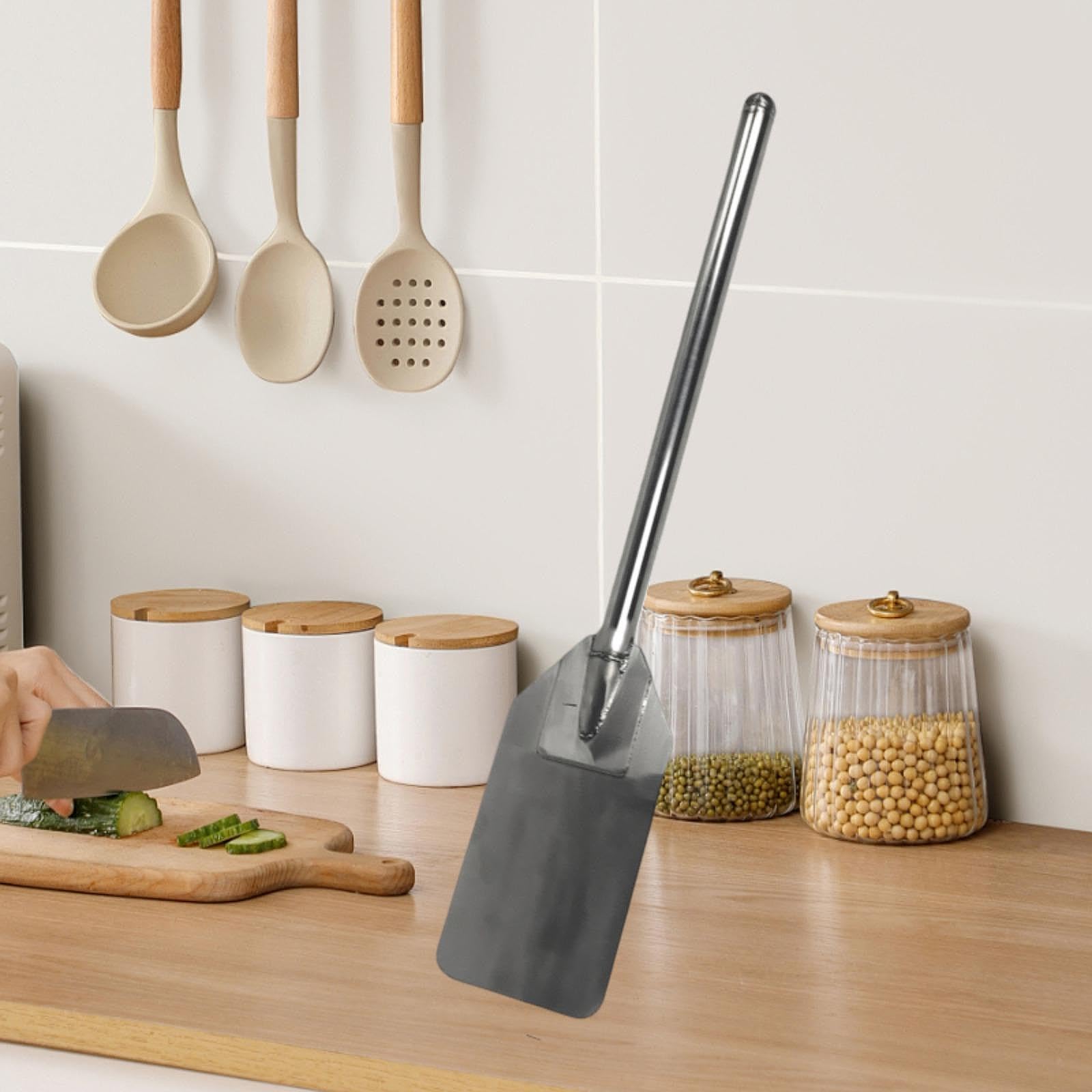 Paleta de Mezcla de Acero Inoxidable con Mango Largo Plana Extralarga Cuchara Robusta para Remover Barra de Mezcla Adecuado para Cocina, 30 in