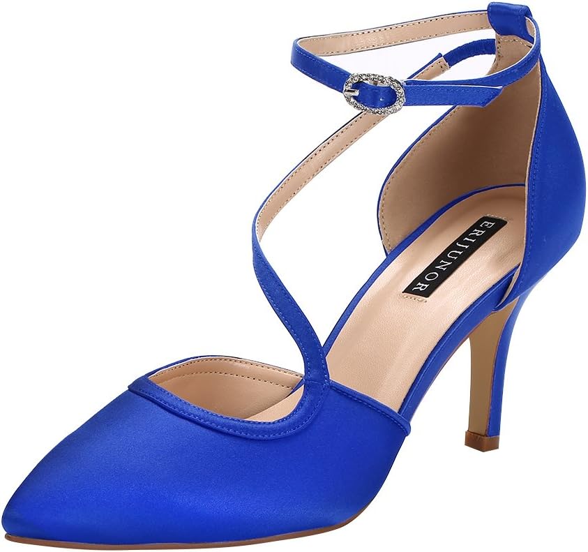 ERIJUNOR Women Comfortable Mid Heel Ankle Strappy Dress Pumps Pointed Toe Satin Wedding Evening Party Shoes