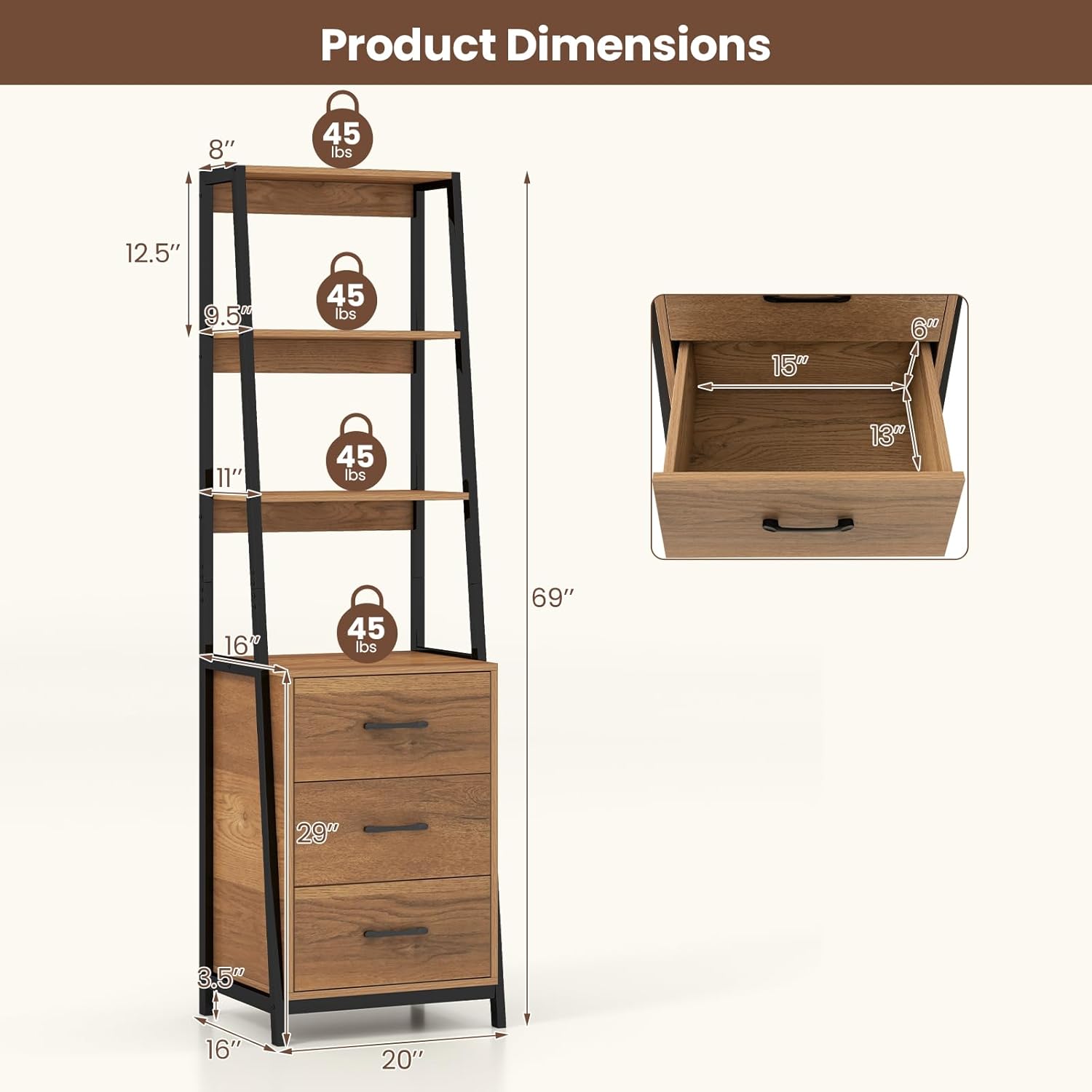 LOKO Industrial Ladder Bookshelf, Freestanding 4-Tier Bookcase with 3 Drawers & Metal Frame, 69” Tall Wooden Storage Organizer for Living Room, Office, Study Room & Entryway (Brown)