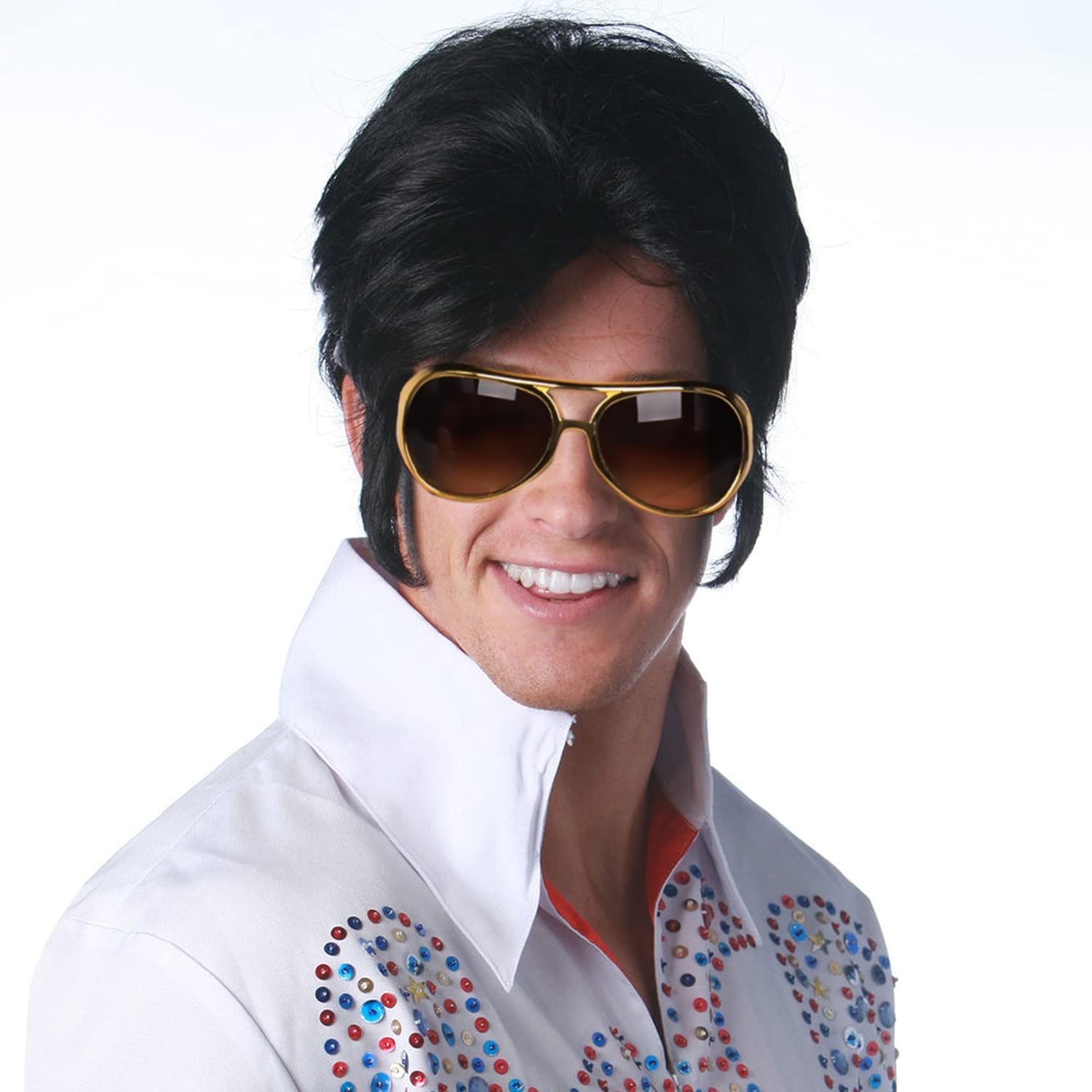 BECUS Elvis Wig Mens Wigs Halloween Elvis Presley Costume Rocksstar 50's 70s Wig Short Black Wig with Elvis Glasses and Cap Net