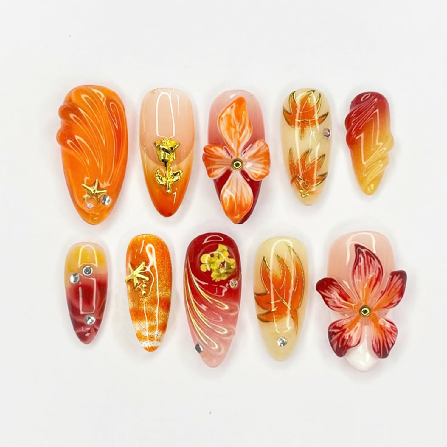 Photo 1 of 30 Pcs Fall Press on Nails Medium Almond Fake Nails with 3D Flower Gold Rose Rhinestones Design Gold Maple Leaf False Nails White French Tip Acrylic Nails Autumn Thanksgiving Stick on Nail for Women
