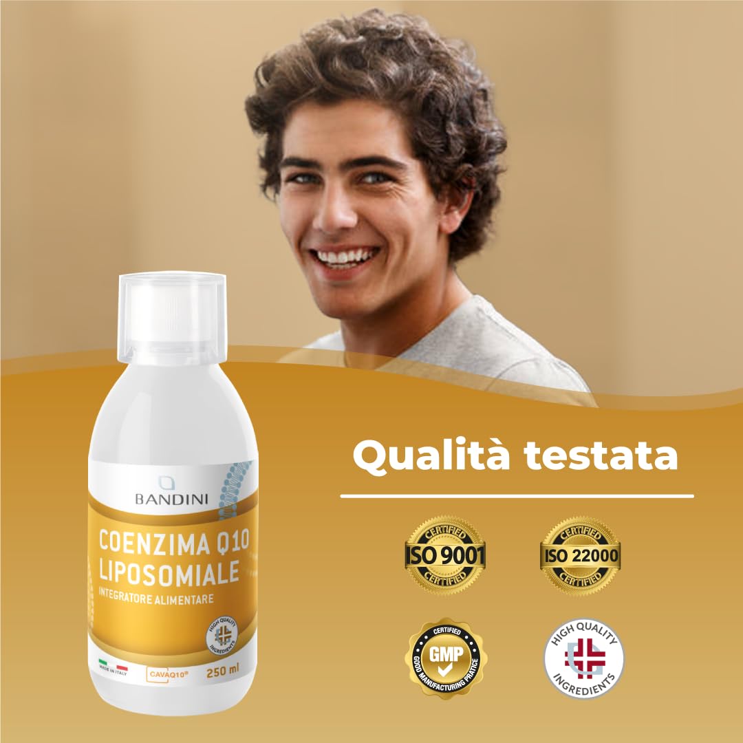Bandini® Coenzima Q10 Liposomiale 200mg | Ubichinone Coq10 Alto Dosaggio 250ml - CAVAQ10® ad Alta Biodisponibilità, Vegano da Fermentazione del Mais | Coenzyme Q 10 | Migliore Antiossidante | Pelle