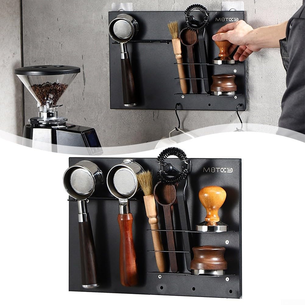 Stabiler Espresso-Siebträger aus Metall, Wandhalterung, Kaffee-Griff, Aufbewahrungsregal, multifunktionales Kaffee-Utensilien-Aufbewahrungsregal (schwarz)