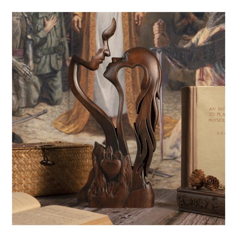 Wohndeko 10 Zoll große hölzerne Skulptur eines küssenden Paares – romantische abstrakte Liebesstatue for Jahrestag(Retro,10 Inch)