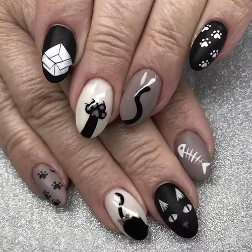 Halloween Press on Nails Short Almond Fake Nails Press ons with Cat Paw Fishbone Design False Nails Glue on Nails Glossy Full Cover Artificial Acrylic Glue on Nail for Women Nail Decoration 24Pcs - Halloween-2