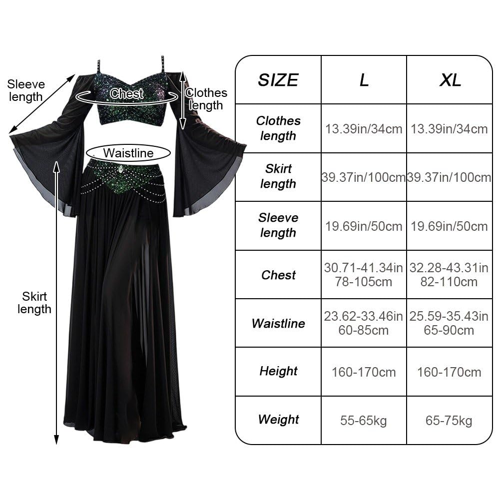 Dianzan Bauchtänzerin-kostüm Für Damen, Langes, Atmungsaktives Bauchtanzkleid Langen Ärmeln, Professionelles Tänzerinnen-Outfit, Bauchtanzrock, Tanzübungs-Outfit