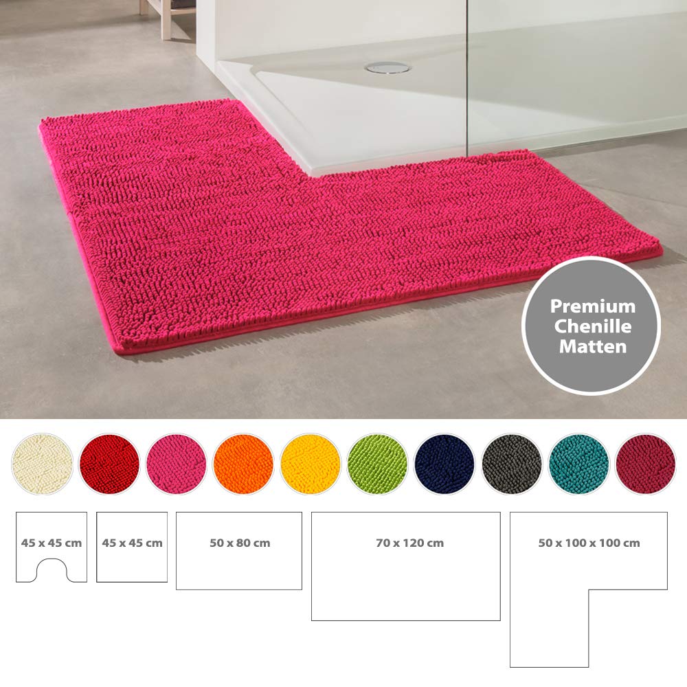 PANA Chenille Douchemat met hoekuitsparing • Badmat voor hoekdouches • Badmat antislip • L-vormige douchemat voor vierkante douche • Kleur: blauw • Afmetingen: 50x100x100 cm