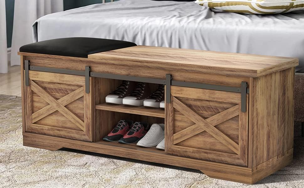 Miniatura 7 de SAINTCY Banco de zapatos de entrada con almacenamiento, armario de zapatos marrón con puerta corrediza de granero, banco de almacenamiento interior