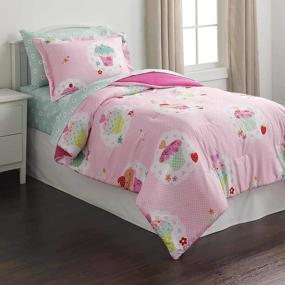 Twin Comforter Set with Pillow Sham features Cupcakes and Polka dots perfect for Girls Bedroom by Piper Kids