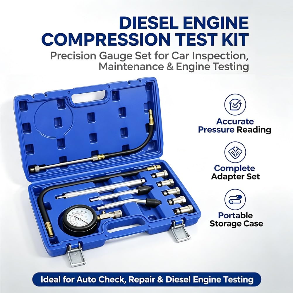 Tester di Compressione Gasolio, 11pcs Manometri Compressione Motori Benzina | Per Motori Diesel e Benzina con Adattatore per La Maggior Parte dei Motori di Auto, Camion, Agricoli e Marini