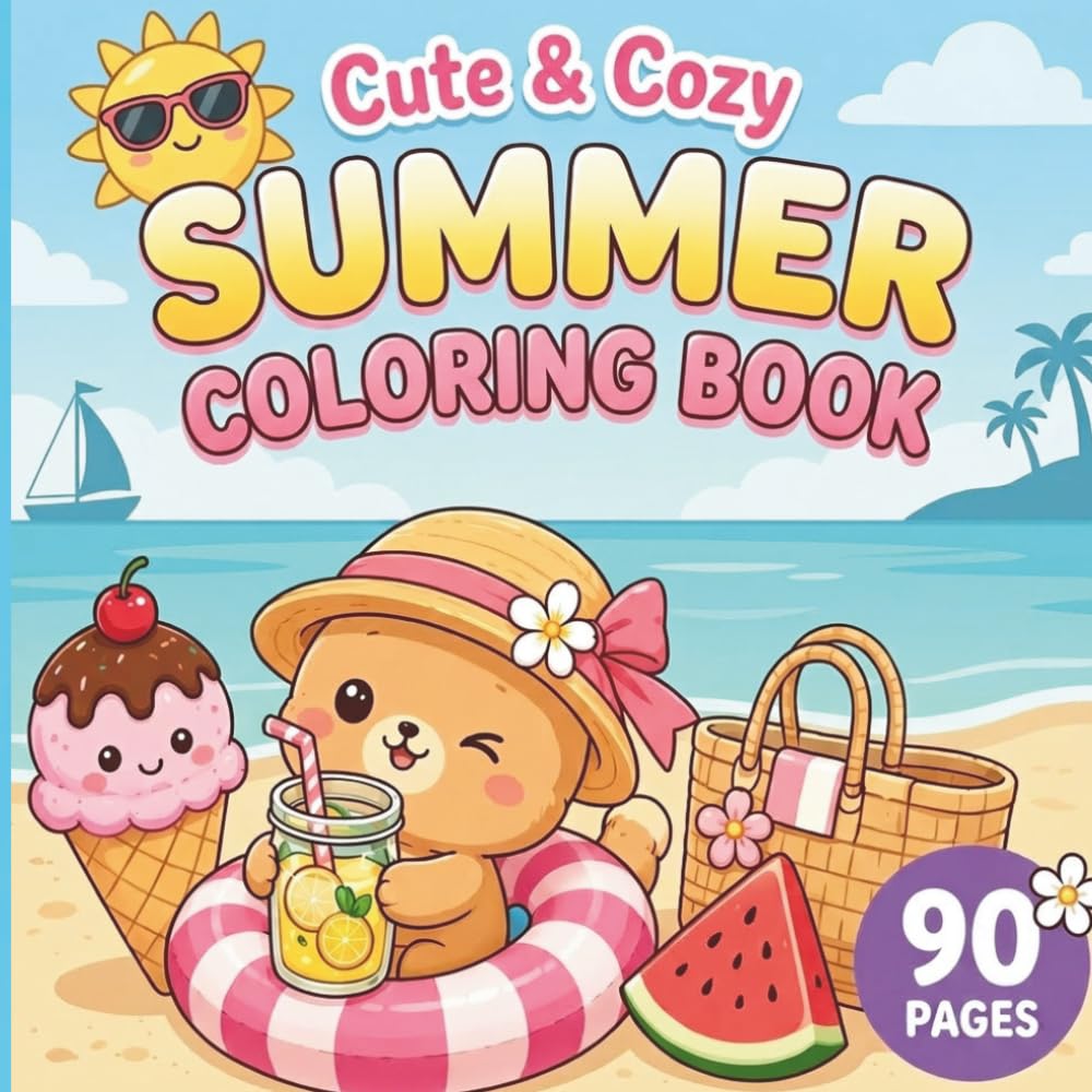 Cute & Cozy Summer Coloring Book: Bold and Easy Kawaii Beach, Sweet Treats, Relaxing Summer Scenes for Stress Relief and Fun