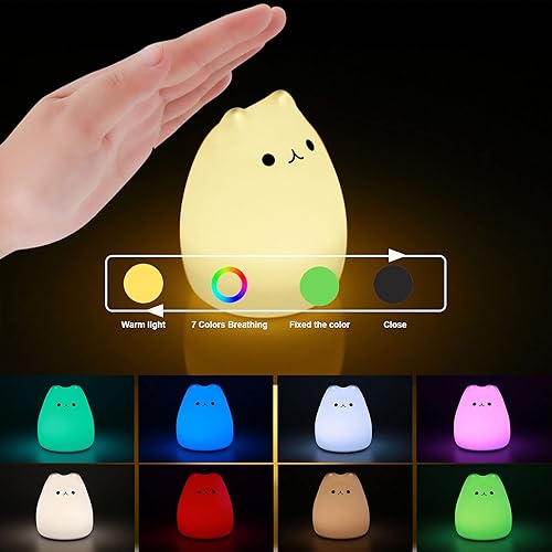Miniatura 2 de Eoanwu Luz nocturna LED para niños, bonita luz nocturna de gato que cambia de color con control de grifo, funciona con pilas, portátil, de silicona,