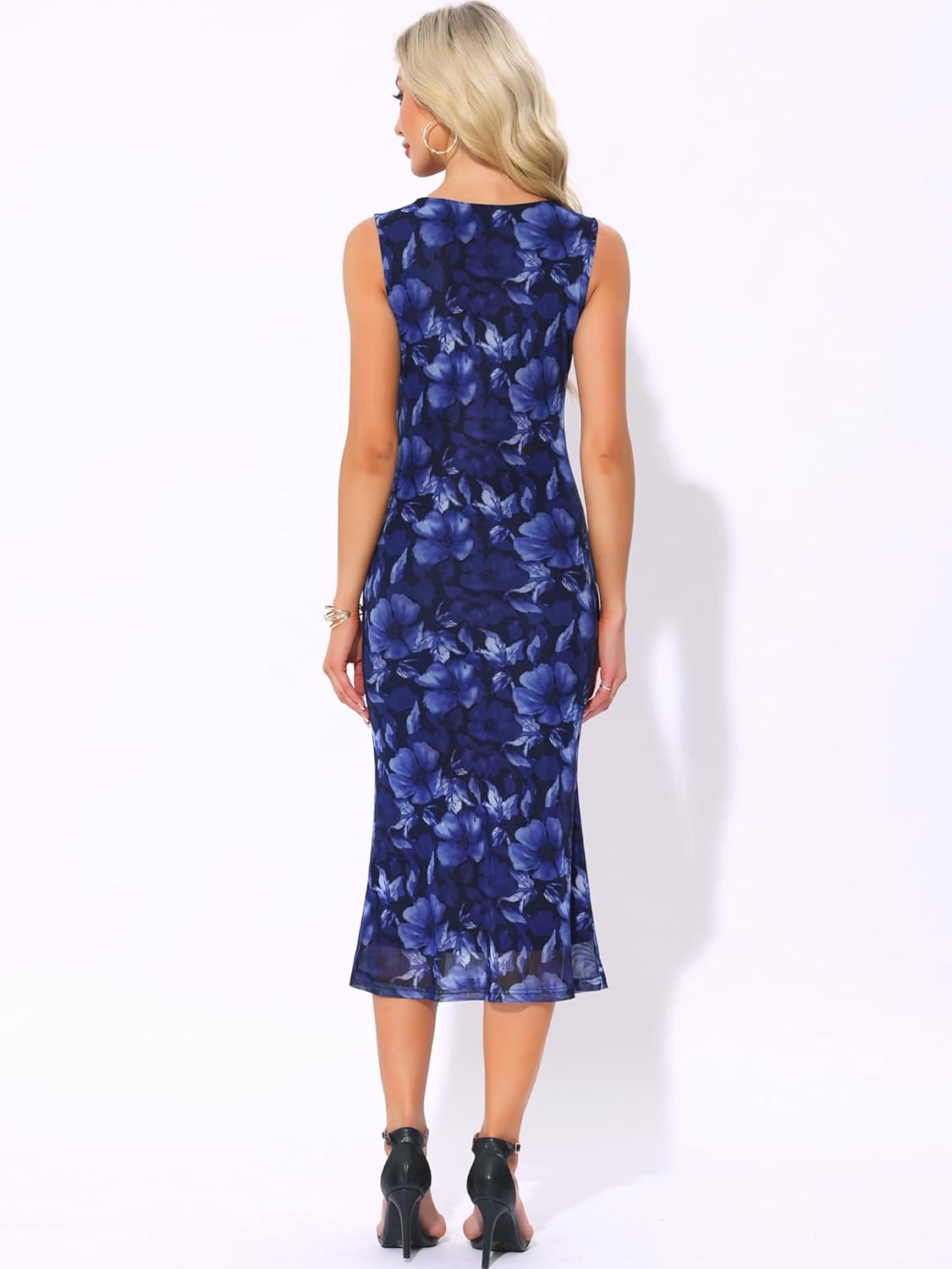 Allegra K Mesh Floral Dress for Women's Sleeveless Crew Neck Cocktail Party Fishtail Midi Dresses - Image 3
