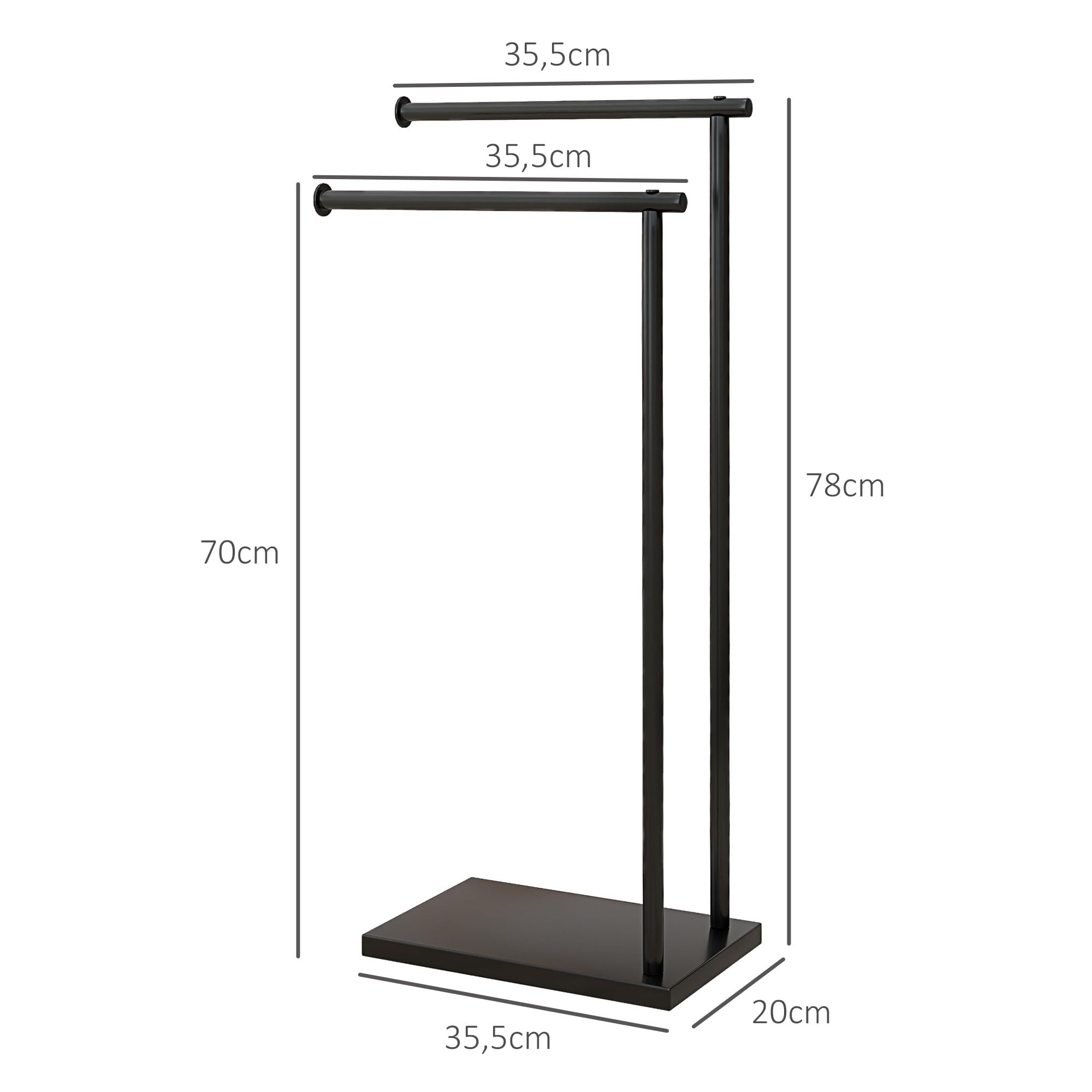 HOMCOM Porte-Serviettes sur Pied en Acier sèche Serviette sur Pieds avec 2 Barres Support pour Serviette 35,5l x 20P x 78H cm - Noir