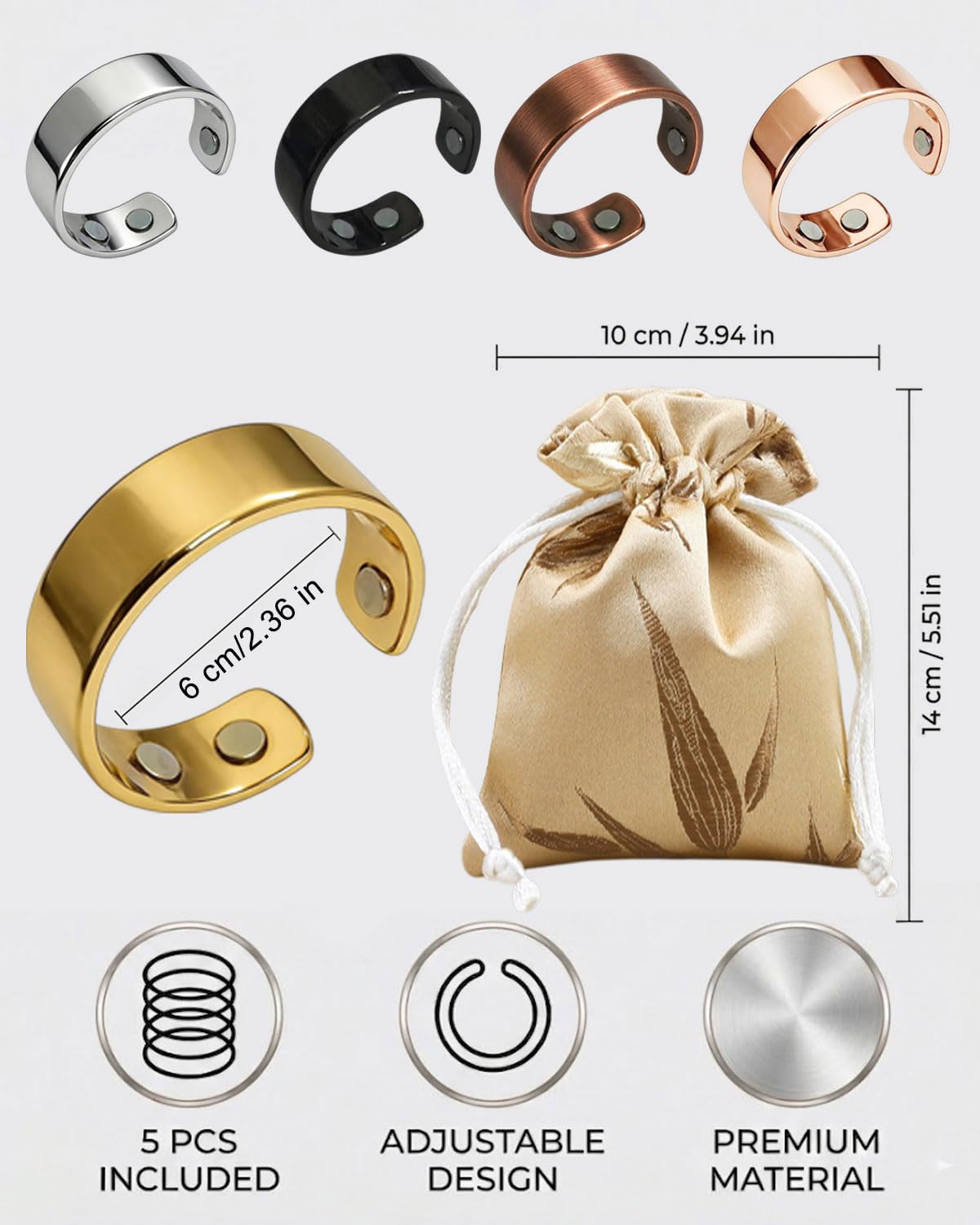 5 pcs anillos de terapia magnética,anillo dedo abierto para pérdida peso,anillos delgados terapia magnética ajustable,puede aliviar el dolor artritis y las migrañas,Con bolsa almacenamiento