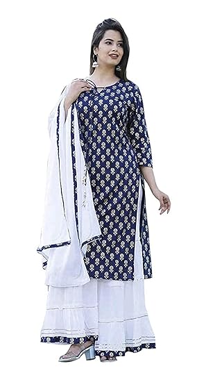 AESTHETIC PARADIGM Womens Rayon Blue Color Kurti with Sharara and Dupatta for Womens and Girls