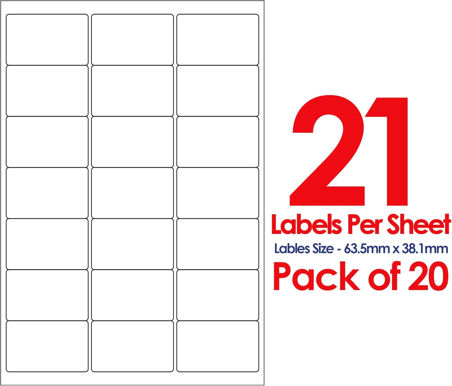 A4 Self Adhesive Address Labels, 21 Label Per Sheet, 20 Sheets, (63.5 X 38.1 MM) 420 Labels