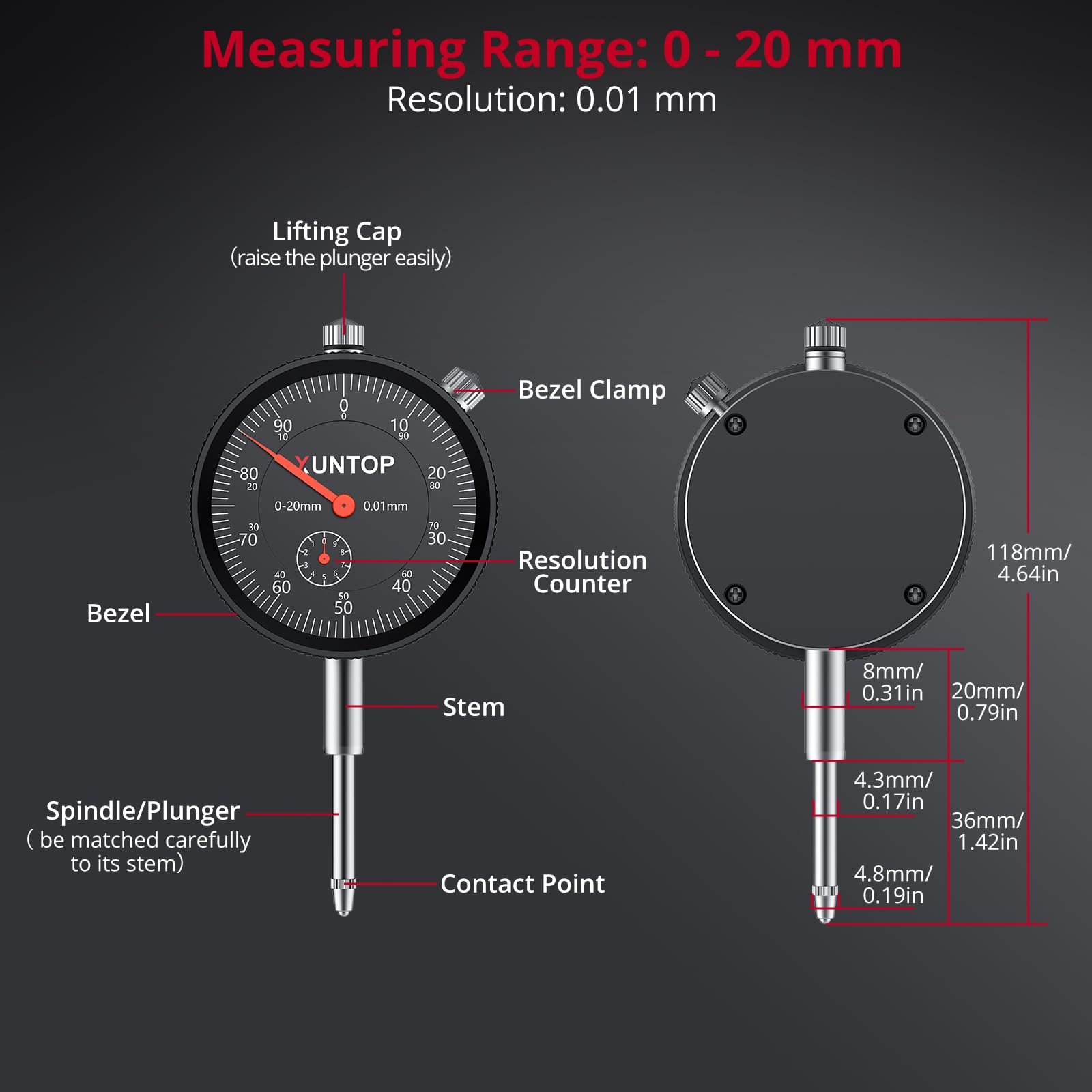 XUNTOP Reloj comparador de precisión con soporte magnético, 176 lbs/80 kg, fuerza de tracción, 0,01 mm, precisión 0-20 mm, rango de medición mecánico, ideal para laboratorio, taller, impresora 3D