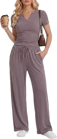 2 Piece Matching Lounge Sets Women Summer Travel Set V Neck Top Wide Leg Pants