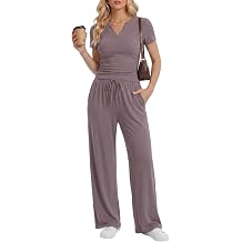 2 Piece Matching Lounge Sets Women Summer Travel Set V Neck Top Wide Leg Pants Airport Travel Outfit