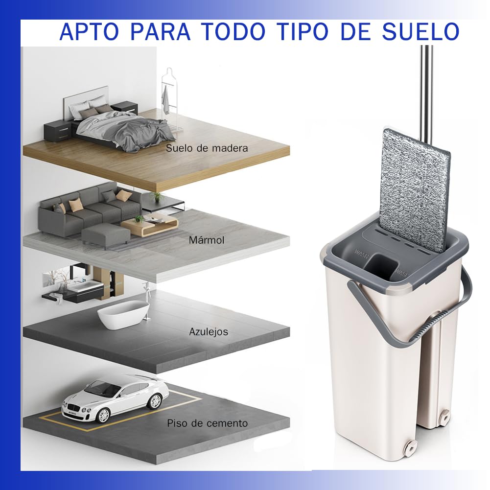 Mopa para Limpiar Azulejos y Paredes Mopa Fregona con Cubo Escurridor Fregona Autoescurrible Mopas de Limpieza Suelos Mop Bucket Set 6 Almohadillas Microfibra Gamuza Trapeador (Beis)