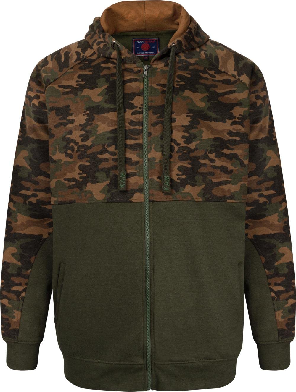 KAM Men's Camo Camouflage Panelled Full Zip Through Hoody Hoodie Hood Hooded Pockets 7036 Khaki 7XL